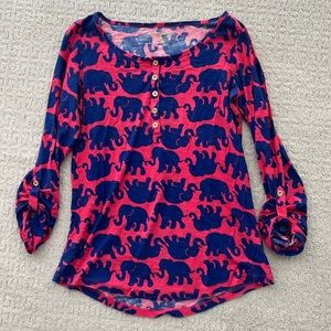 Lilly Pulitzer elephant print- three-quarter sleeve cotton shirt, size small